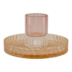 Lysestage - Lysestage i glas, rosa/rav, rund, Ø16x8,5 cm