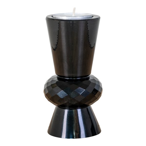 Lysestage - Lysestage i glas, sort, rund, Ø6x12 cm