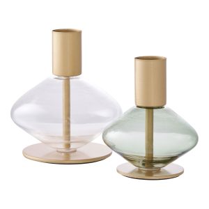 HOUSE NORDICÂ Lysestage - Lysestage, glas/metal, klar/grønsæt af 2