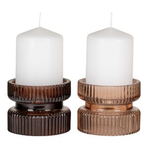 HOUSE NORDICÂ Lysestager, sæt af 2 - Lysestage, glas, rav/brun, vendbar til fyrfadslys og bloklys, ø9x7 cm, sæt af 2