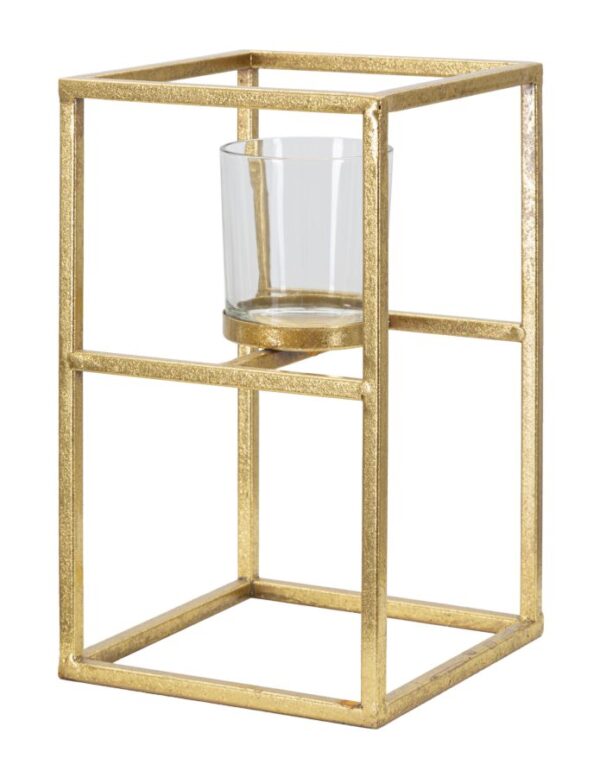Glam lysestage i guldfarve, jern og glas - 15x15x25 cm