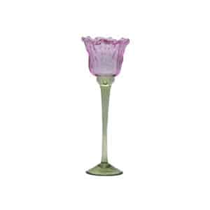 Lysestage i glas tulipan lyserød 26 cm høj